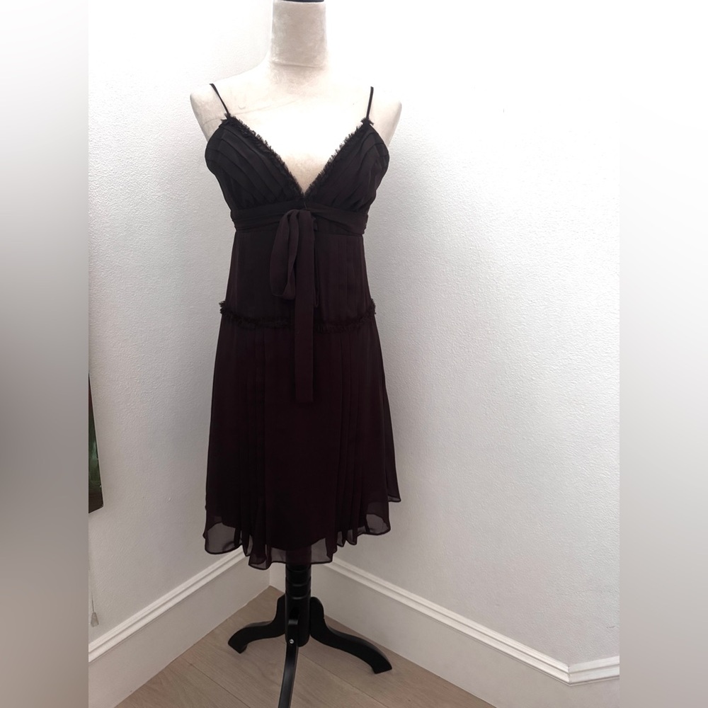 Chiffon Spaghetti Strap Tie-Front Dress in Deep Brown